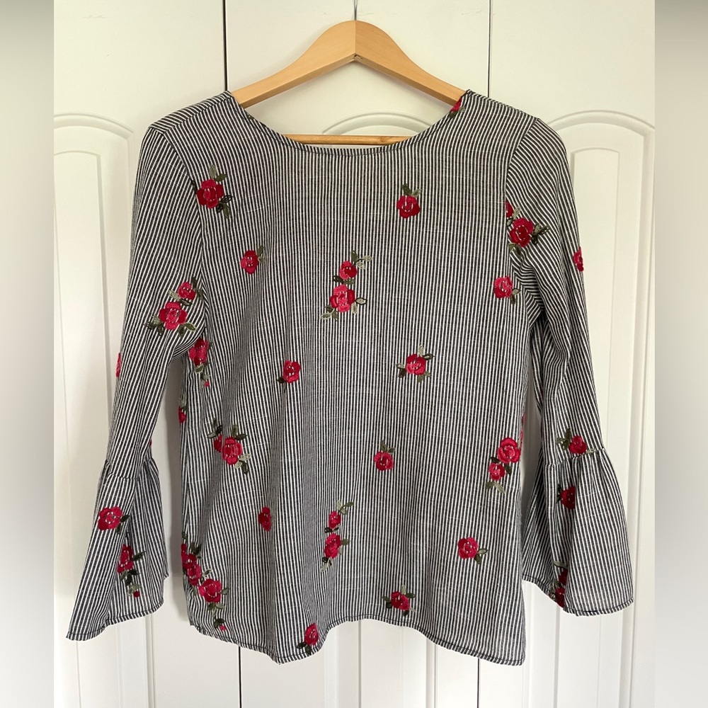Ces Femme Grey Stripe Red Floral Blouse